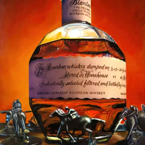 Realistic painting of a Blanton's bourbon bottle with a horse and jockey stopper, surrounded by small horse figurines