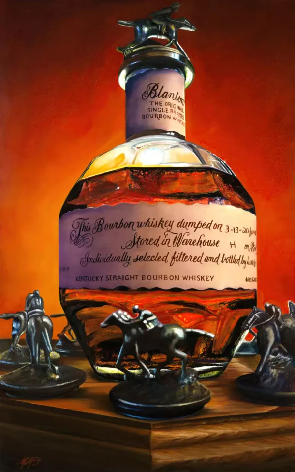 Realistic painting of a Blanton's bourbon bottle with a horse and jockey stopper, surrounded by small horse figurines