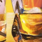 "Detail of a whiskey glass with a rich amber liquid and ice cube, painted in a hybrid fluid realism style.