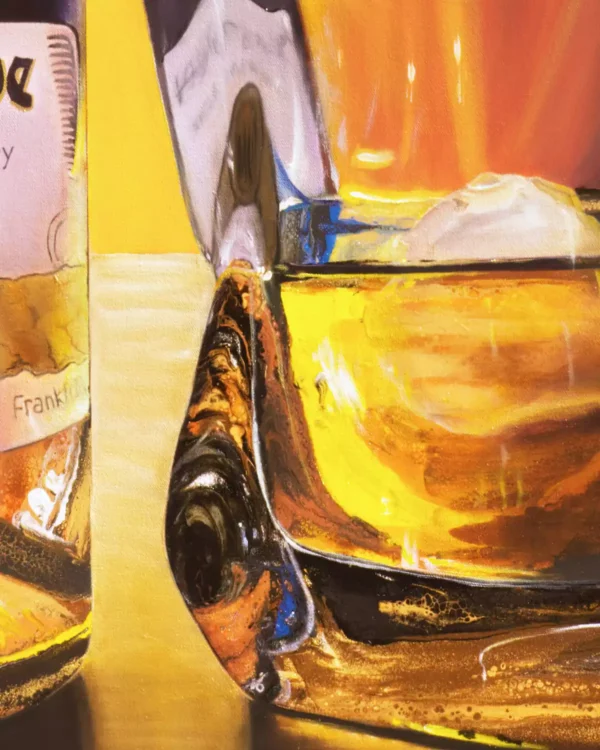 "Detail of a whiskey glass with a rich amber liquid and ice cube, painted in a hybrid fluid realism style.