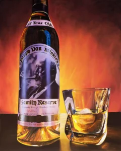 Large-scale hyper-realistic painting of a Pappy Van Winkle 23-year-old bourbon bottle and glass by Monica Marquez Gatica
