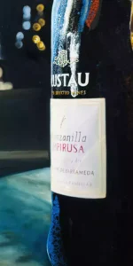 Oil painting of Lustau Manzanilla sherry bottle with vivid acrylic textures and crisp label details