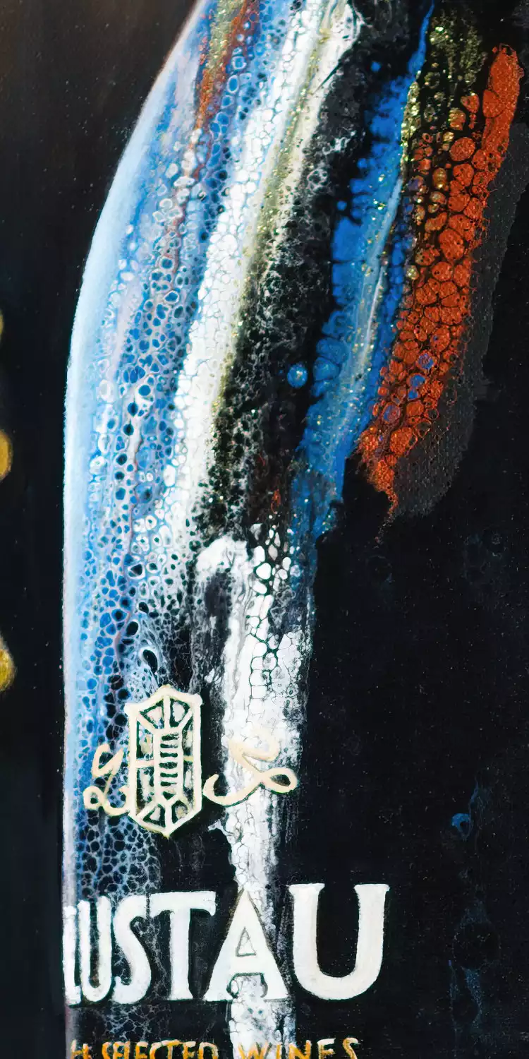 Acrylic pouring detail on Lustau wine bottle painting with vibrant cells and textures contrasting with crisp lettering