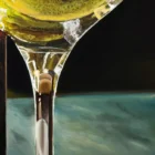 Oil and acrylic painting close-up of amber sherry with dynamic textures in a glass, embodying hybrid fluid realism