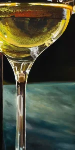 Oil and acrylic painting close-up of amber sherry with dynamic textures in a glass, embodying hybrid fluid realism