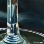 Close-up of a wine glass stem on canvas, showcasing intricate oil painting techniques and reflections