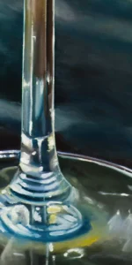 Close-up of a wine glass stem on canvas, showcasing intricate oil painting techniques and reflections