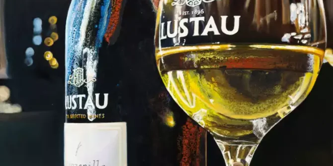 Painting of Lustau sherry bottle and glass on table capturing the essence of Jerez winemaking.