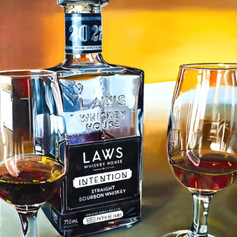 Hyper-realistic oil painting of LAWS Whiskey House's Intention Straight Bourbon Whiskey bottle with two filled glasses.
