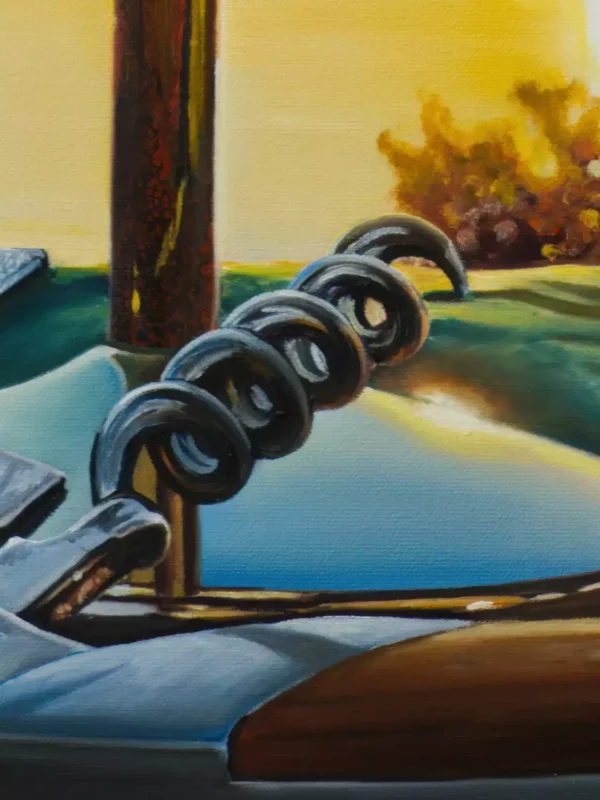 Close-up of wine opener in 'A Perfect Moment' painting by Monica Marquez Gatica