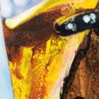 Close-up detail of the amber liquid in a whiskey glass from the painting "Afternoon with a Friend."