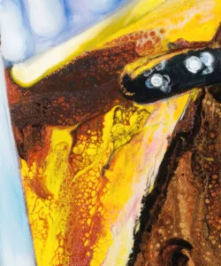 Close-up detail of the amber liquid in a whiskey glass from the painting "Afternoon with a Friend."