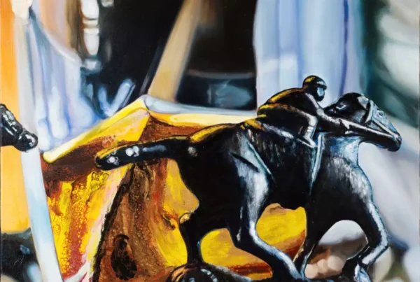 Painting featuring a horse sculpture and a glass of whiskey, emphasizing the amber liquid and intricate details.