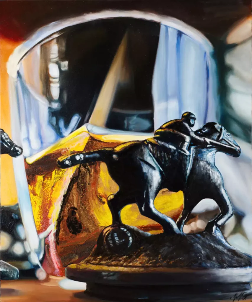 Painting featuring a horse sculpture and a glass of whiskey, emphasizing the amber liquid and intricate details.