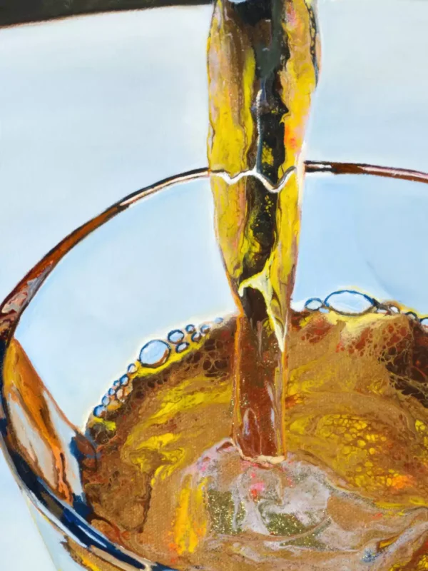 Close-up detail of bourbon being poured into a glass from the painting "A Perfect Afternoon."