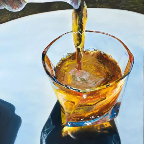 Painting depicting a glass of bourbon being poured, highlighting the amber liquid and intricate glass details.