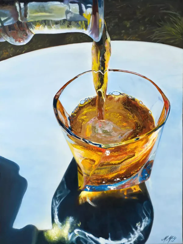 Painting depicting a glass of bourbon being poured, highlighting the amber liquid and intricate glass details.