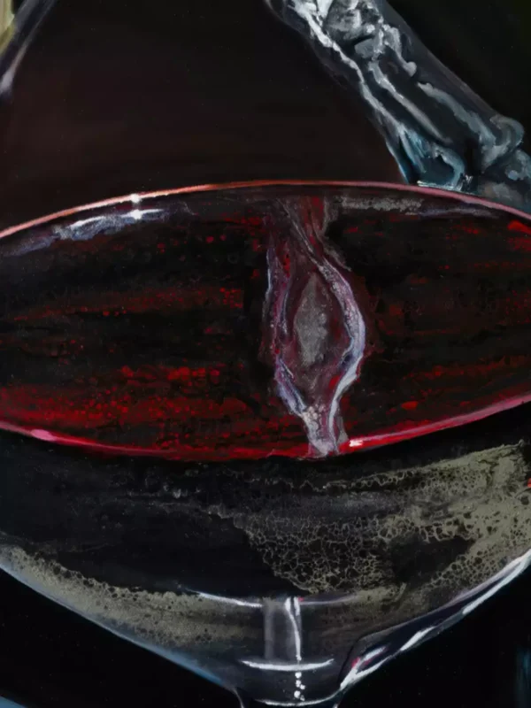 Close-up of the red wine swirling in the glass from "Evening Elegance," capturing the fluid movement and rich hues created through Monica Marquez Gatica's hybrid fluid realism technique.