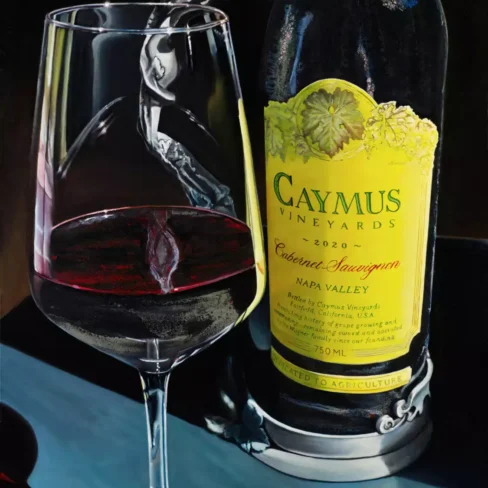 A painting featuring a bottle of Caymus Cabernet Sauvignon with a partially filled glass of red wine, set against a dark background. The wine glass captures intricate details of light and shadow, while the bottle’s label stands out in vibrant yellow, with edges softly blending into the dark surroundings.