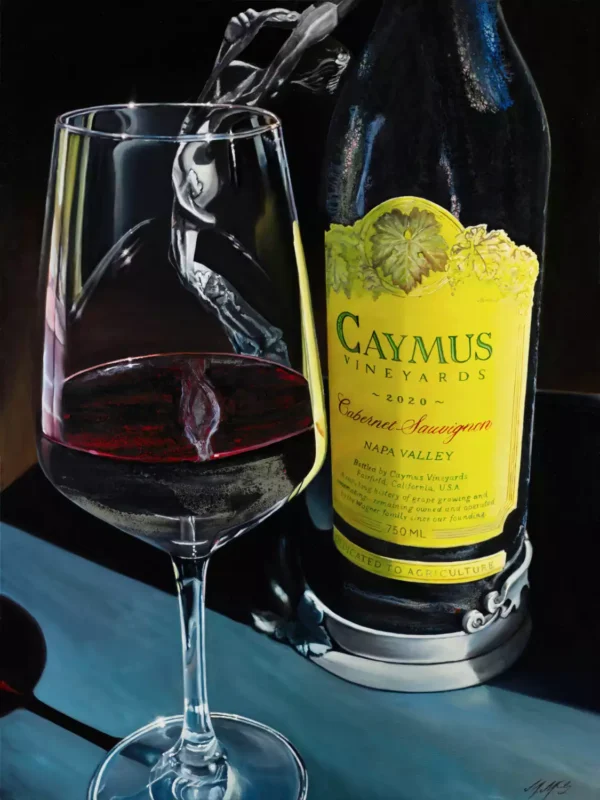 A painting featuring a bottle of Caymus Cabernet Sauvignon with a partially filled glass of red wine, set against a dark background. The wine glass captures intricate details of light and shadow, while the bottle’s label stands out in vibrant yellow, with edges softly blending into the dark surroundings.