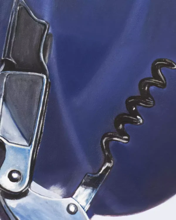 Close-up of a corkscrew placed next to the Caymus wine bottle, showcasing the detailed rendering of metal in Monica’s hybrid fluid realism style.