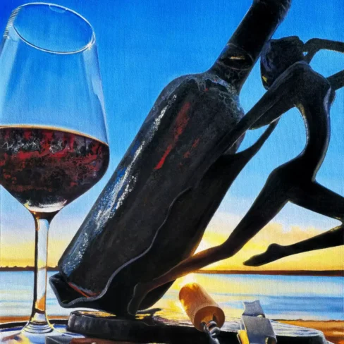 A painting of a wine bottle and glass of red wine set against a glowing sunset over calm water, with warm reflections of the setting sun enhancing the rich color of the wine. The painting captures a serene, peaceful moment of unwinding at dusk.