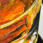 Close-up of a whiskey glass with swirling amber tones and intricate fluid acrylic textures in Monica's hybrid realism style.