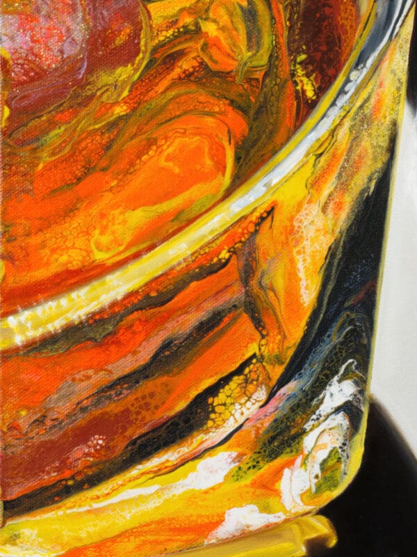 Close-up of a whiskey glass with swirling amber tones and intricate fluid acrylic textures in Monica's hybrid realism style.