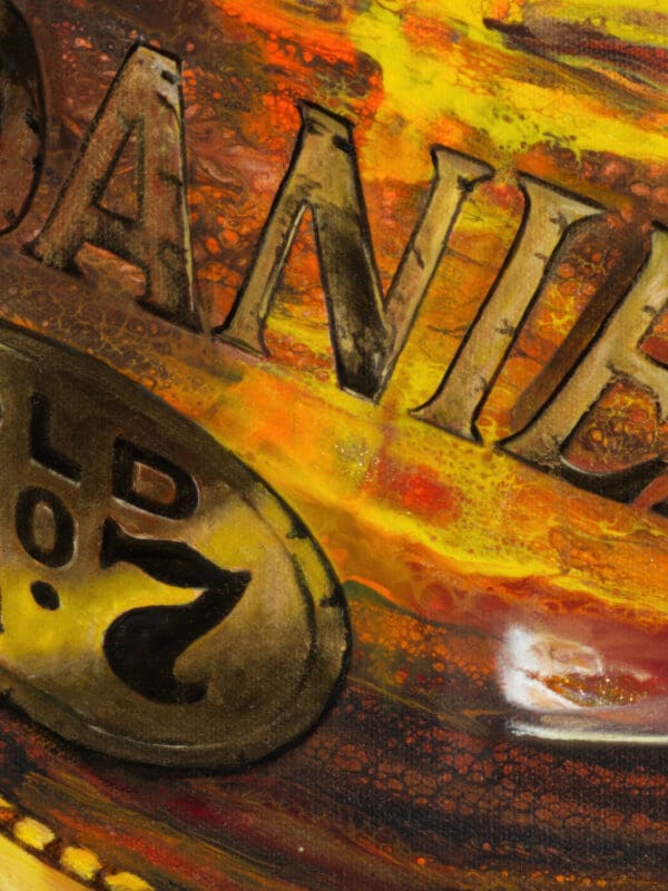 Close-up of the upper portion of the Jack Daniel's bottle, featuring golden highlights and textured acrylic pours.