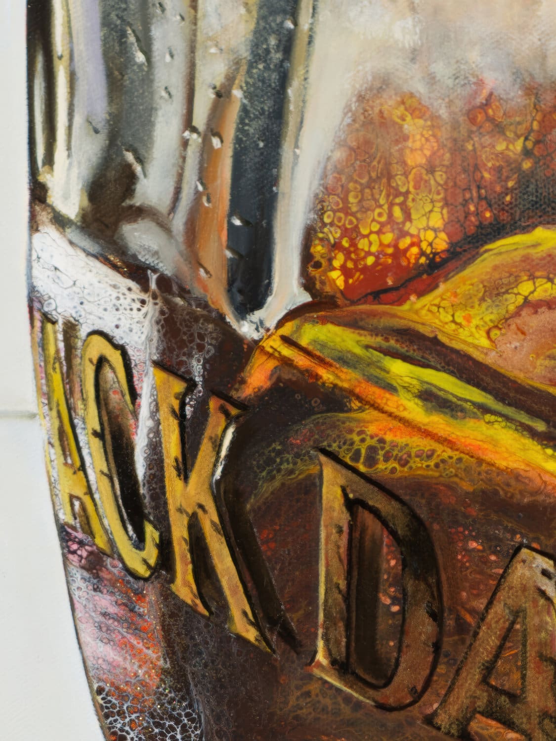 Detailed close-up of Jack Daniel's label lettering and textured background, blending oil and acrylic techniques.