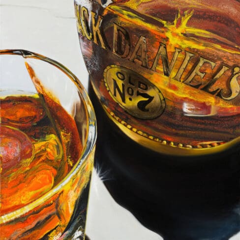 A painting of a Jack Daniel's bottle and a glass of whiskey, rendered in Monica's hybrid fluid realism style, featuring warm amber tones, fluid acrylic textures, and detailed oil work.