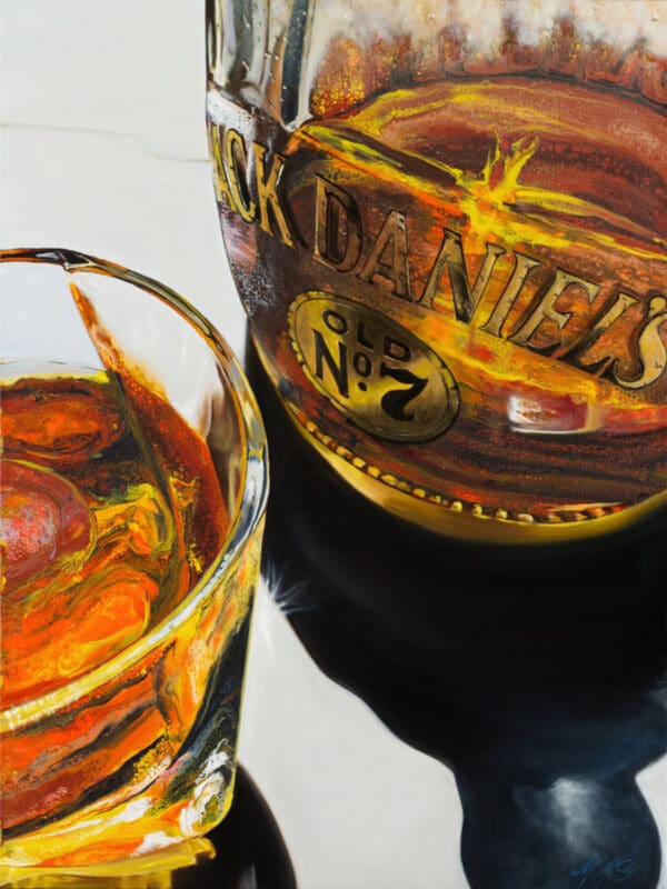 A painting of a Jack Daniel's bottle and a glass of whiskey, rendered in Monica's hybrid fluid realism style, featuring warm amber tones, fluid acrylic textures, and detailed oil work.