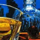 Hyperrealistic painting in a style called Hybrid Fluid Realism of a Jack Daniel’s bottle and glass against a blue sky.