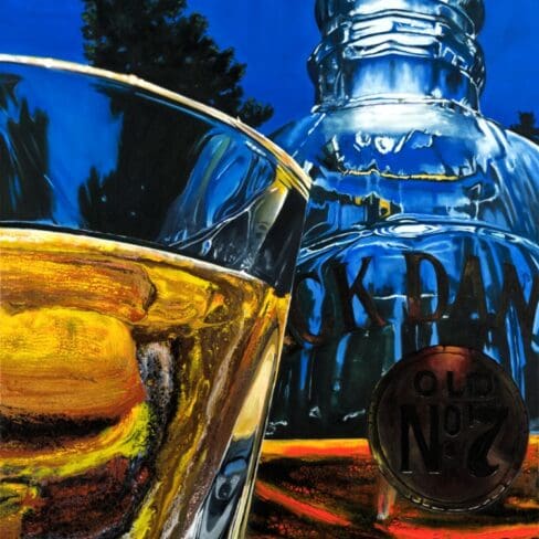 Hyperrealistic painting in a style called Hybrid Fluid Realism of a Jack Daniel’s bottle and glass against a blue sky.