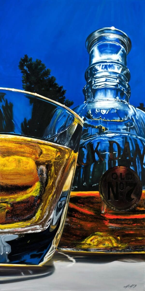 Hyperrealistic painting in a style called Hybrid Fluid Realism of a Jack Daniel’s bottle and glass against a blue sky.