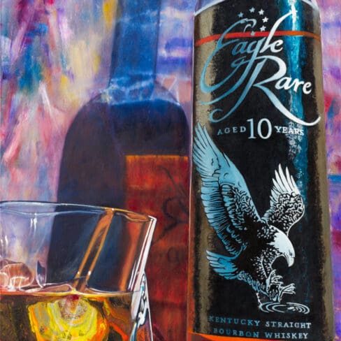 A hybrid fluid realism painting titled "Spirit of the Soar" by Monica Marquez Gatica, featuring an Eagle Rare bourbon bottle and glass with vibrant abstract patterns in the background.