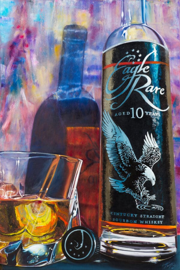 A hybrid fluid realism painting titled "Spirit of the Soar" by Monica Marquez Gatica, featuring an Eagle Rare bourbon bottle and glass with vibrant abstract patterns in the background.