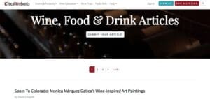 Screenshot of a LocalWineEvents article featuring Monica Fine Art ’s wine-inspired art, titled Spain to Colorado: Monica Márquez Gatica’s Wine-Inspired Art Paintings