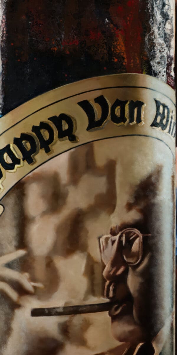 A close-up of the Pappy Van Winkle label, featuring the iconic portrait of Julian Van Winkle Sr. enjoying a cigar.