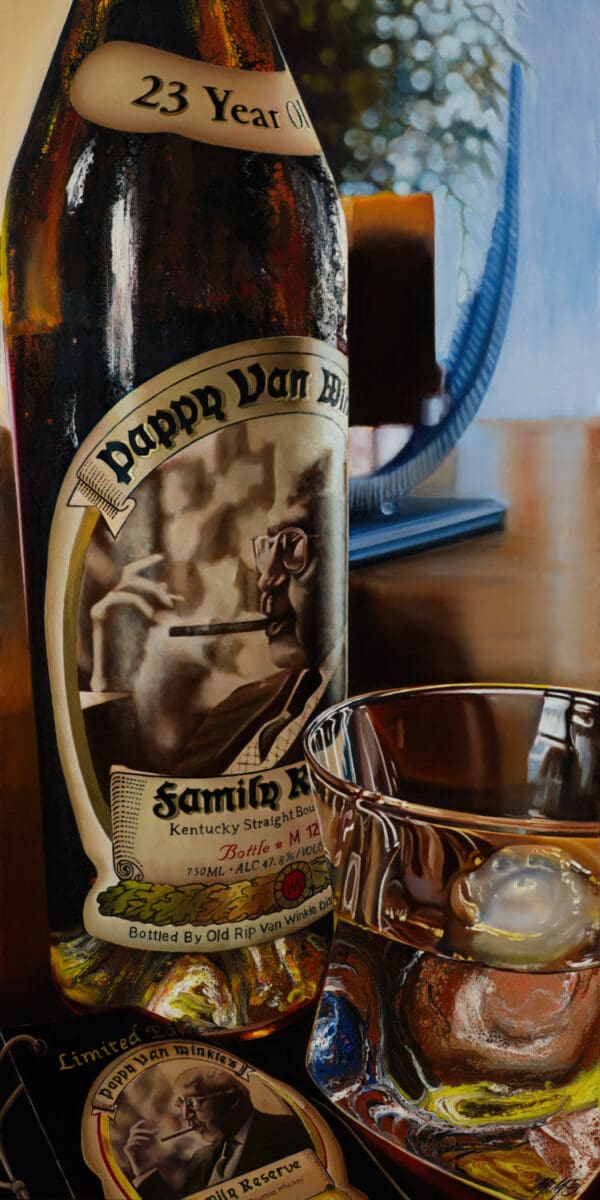 A hybrid fluid realism - hyper-realistic painting of a Pappy Van Winkle 23-Year Family Reserve bourbon bottle beside a crystal tumbler, reflecting warm candlelight and intricate whiskey tones in Monica Márquez Gatica’s Refined Elegance.