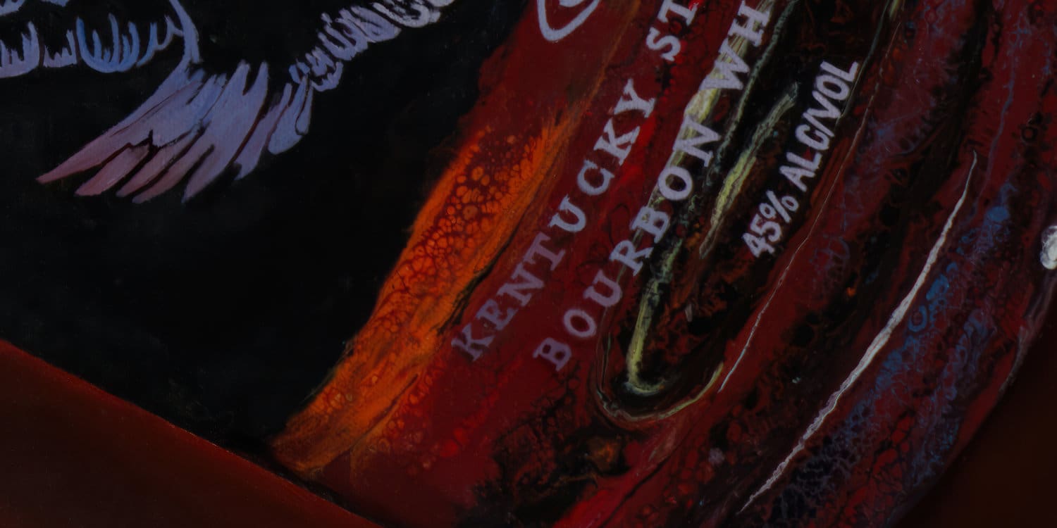 A close-up of the Eagle Rare Bourbon label, showcasing the fluid acrylic textures and realistic lettering in Monica Márquez Gatica’s Reflections of Freedom.