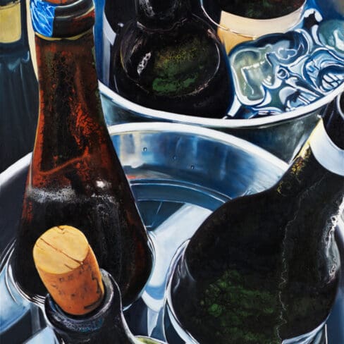 Close-up painting of dark wine bottles chilling in a reflective metal ice bucket, with glistening ice and corks visible, painted in a realistic, vibrant style.