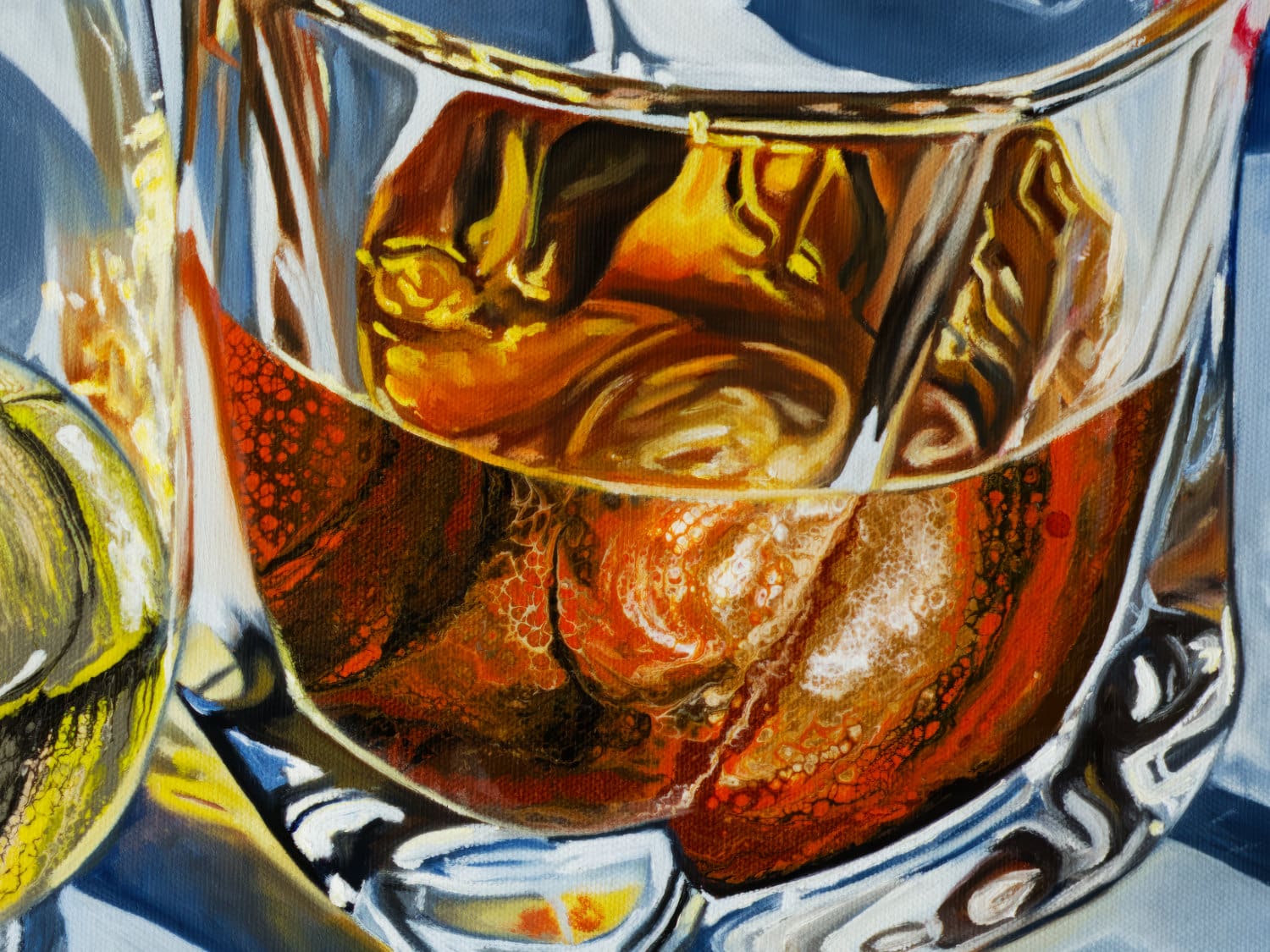 Close-up of a whiskey glass with golden reflections and rich amber tones, highlighting swirling textures and glass detail.