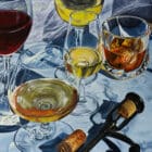 A realistic painting of assorted wine and whiskey glasses on a reflective surface, with a corkscrew and wine corks scattered nearby.