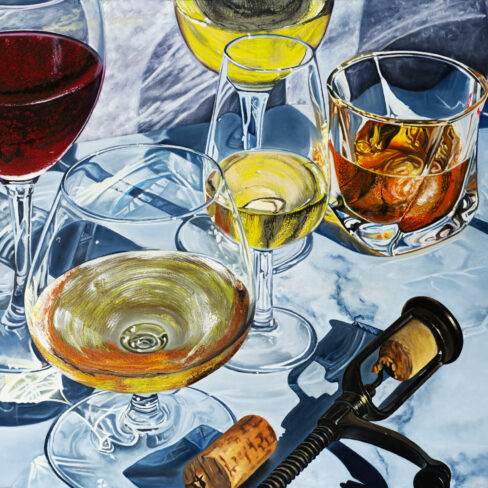 A realistic painting of assorted wine and whiskey glasses on a reflective surface, with a corkscrew and wine corks scattered nearby.