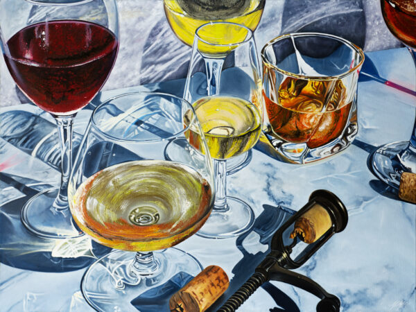 A realistic painting of assorted wine and whiskey glasses on a reflective surface, with a corkscrew and wine corks scattered nearby.